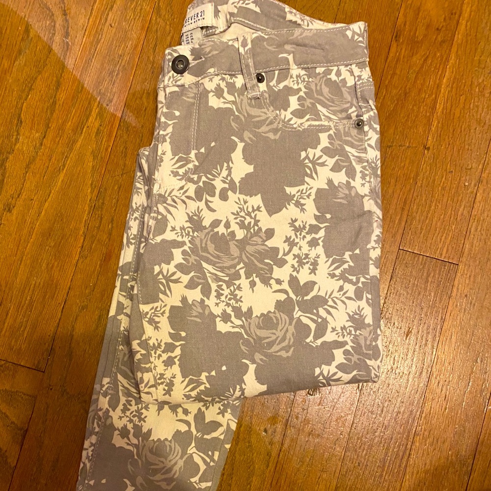 Gray and White Floral Jeans